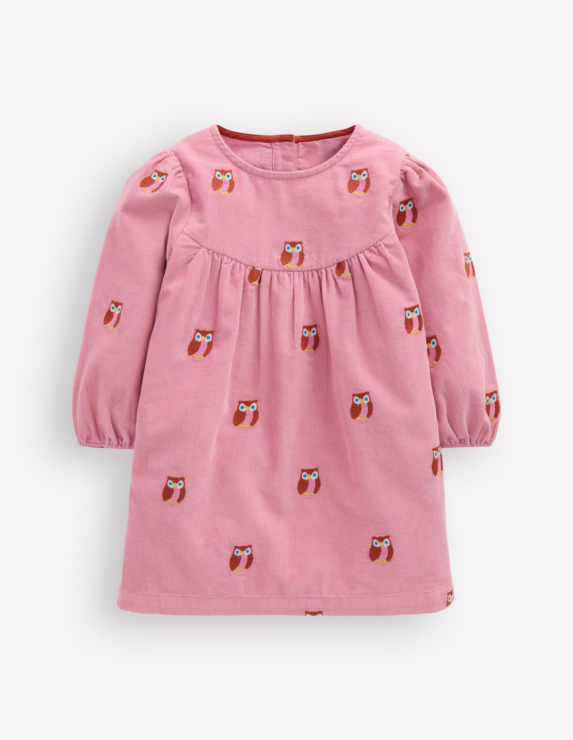 Yoke Detail Woven Dress-Pink Embroidered Owls-2