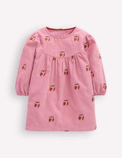 Yoke Detail Woven Dress-Pink Embroidered Owls-2