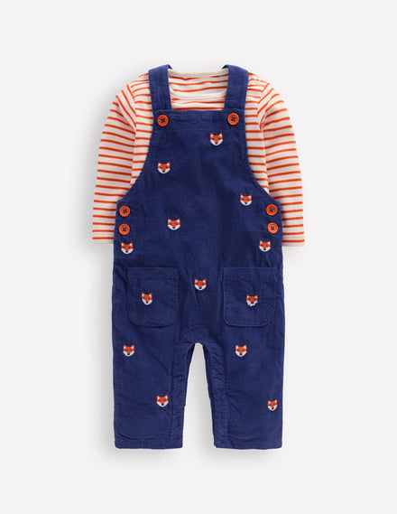 Cord Dungaree Set-Navy Fox Embroidery