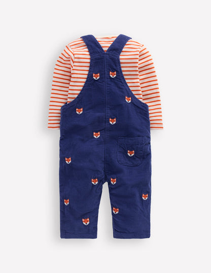 Novelty Cord Dungaree Set-Navy Fox Embroidery-2