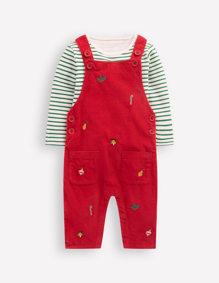 Novelty Cord Dungarees Set-Red Christmas Embroidery