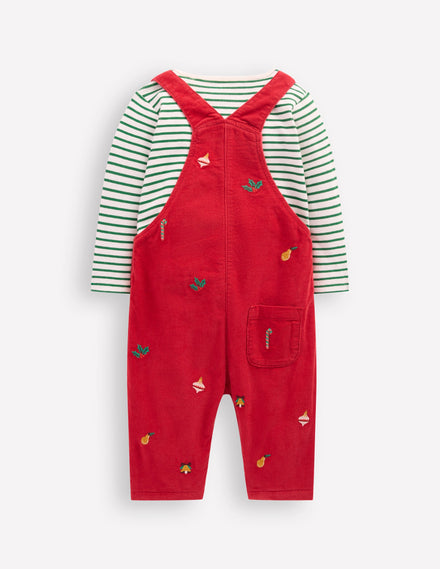 Cord Dungaree Set-Red Christmas Embroidery
