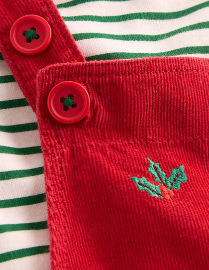Cord Dungaree Set-Red Christmas Embroidery-3