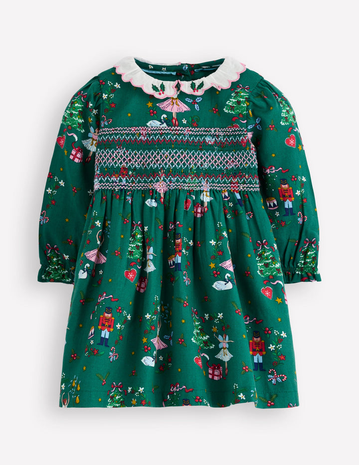Smocked Party Dress-Alpine Green Festive