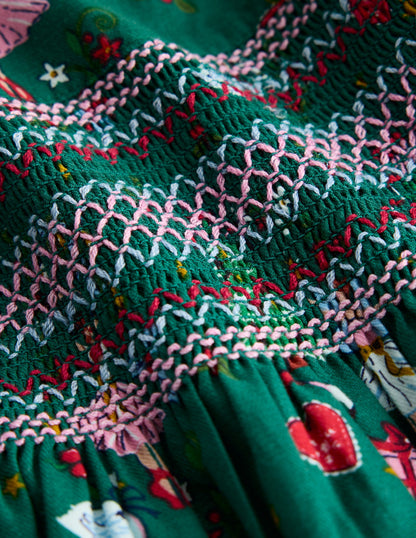 Smocked Party Dress-Alpine Green Festive-3