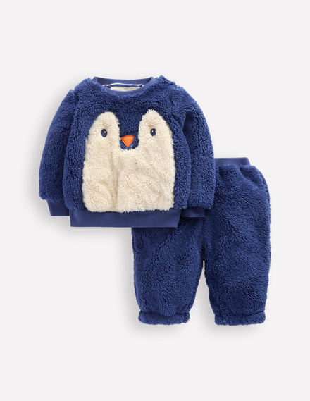 Novelty Borg Sweatshirt Set-Navy Penguin