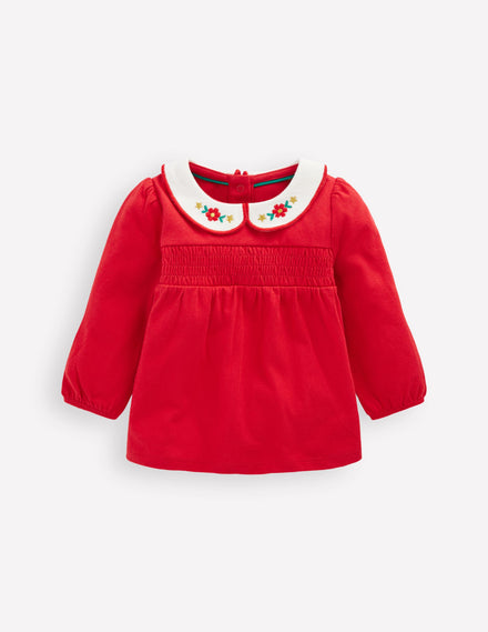 Embroidered Collar Jersey Top-Rockabilly Red