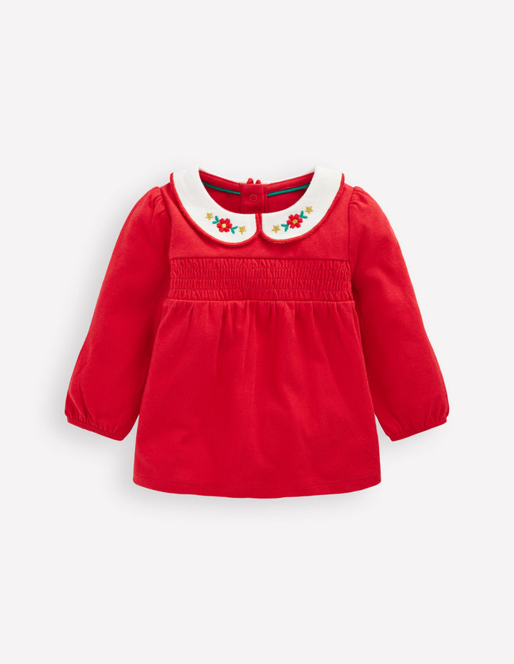 Embroidered Collar Jersey Top-Rockabilly Red