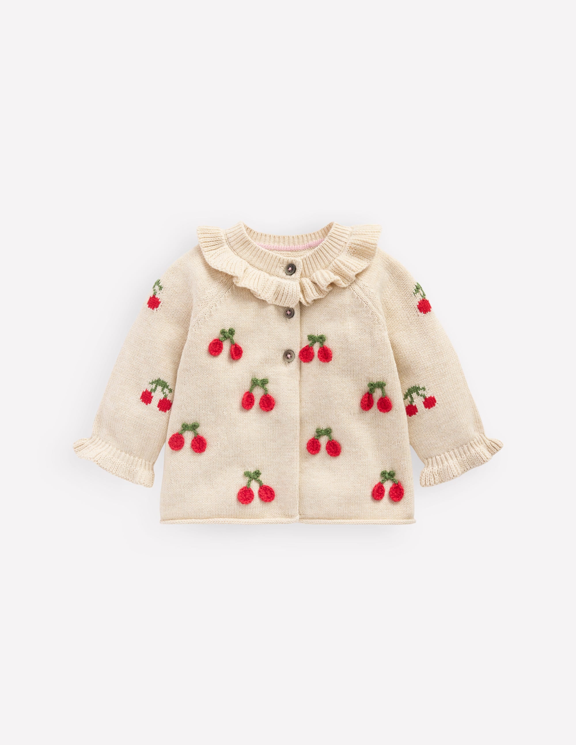 Pretty Frill Cardigan-Oatmeal Marl Cherries - Image 1