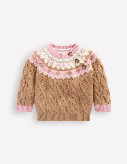 Girls Fair Isle Cable Jumper-Camel Melange Fair Isle-1