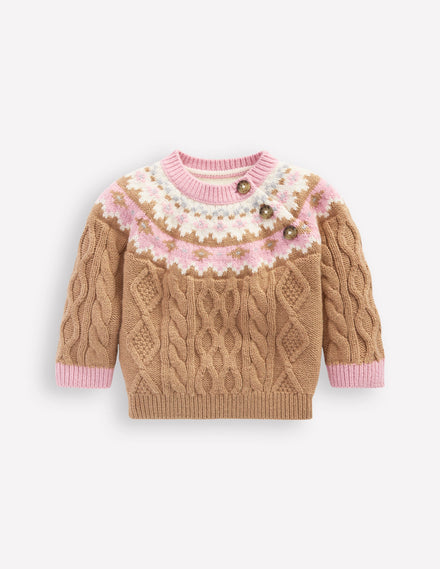Girls Fair Isle Cable Jumper-Camel Melange Fair Isle