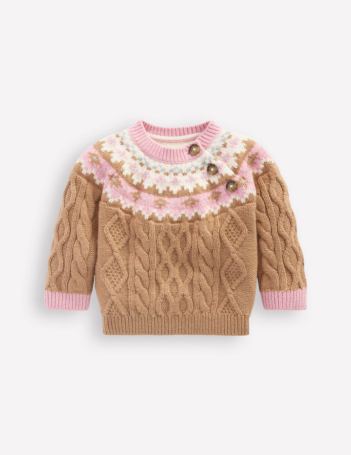 Girls Fair Isle Cable Jumper-Camel Melange Fair Isle