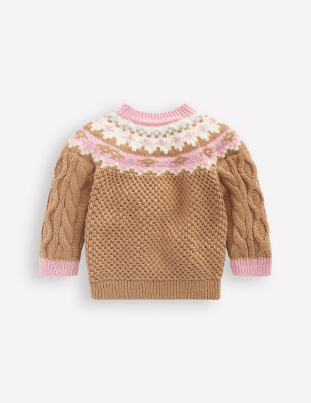 Girls Fair Isle Cable Jumper-Camel Melange Fair Isle