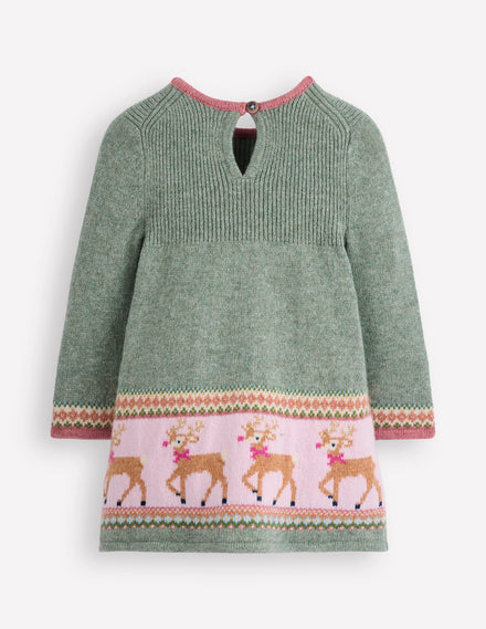 Fair Isle Knitted Dress-Eucalyptus Reindeer Fair Isle