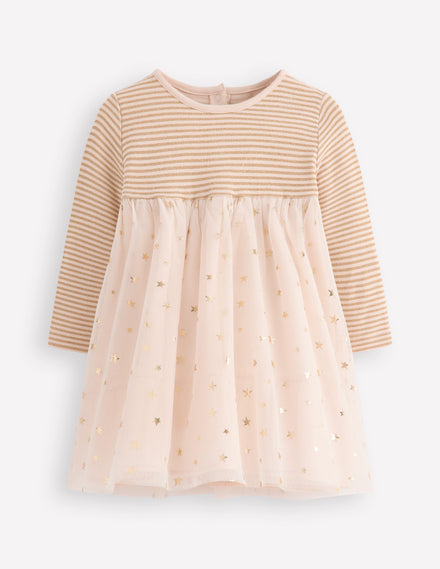 Jersey Tulle Dress-Soft Ivory/Gold Confetti