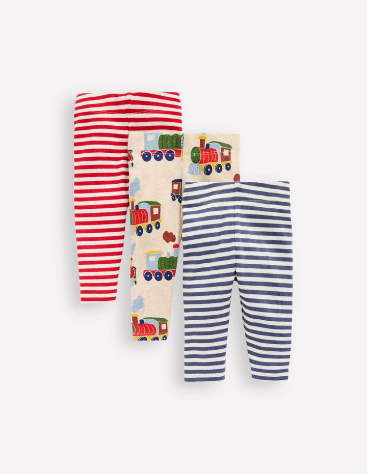 3-pack Ribbed Leggings-Oatmeal Marl Trains