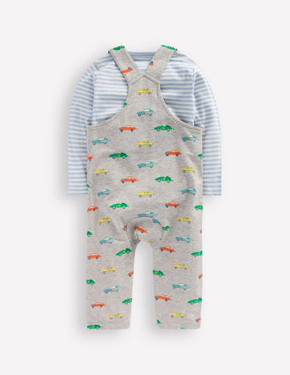 Jersey Dungaree Set-Grey Marl Cars-2