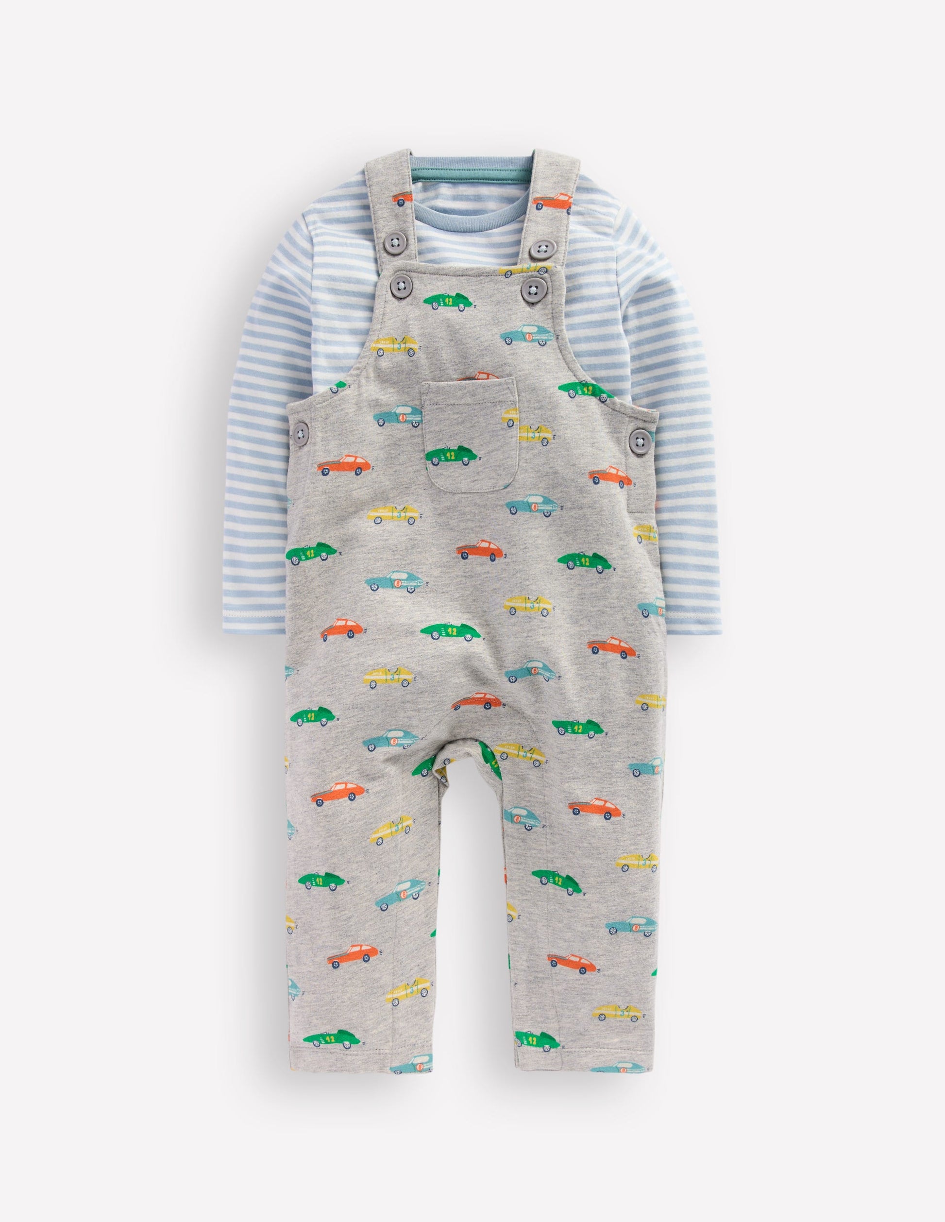 Jersey Dungaree Set-Grey Marl Cars-1