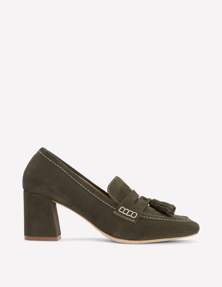 Sol Block Heeled Penny Loafers-Dark Moss