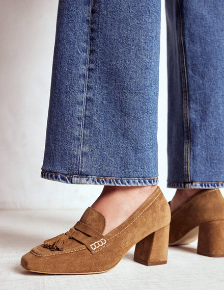 Sol Block Heeled Penny Loafers-Tan