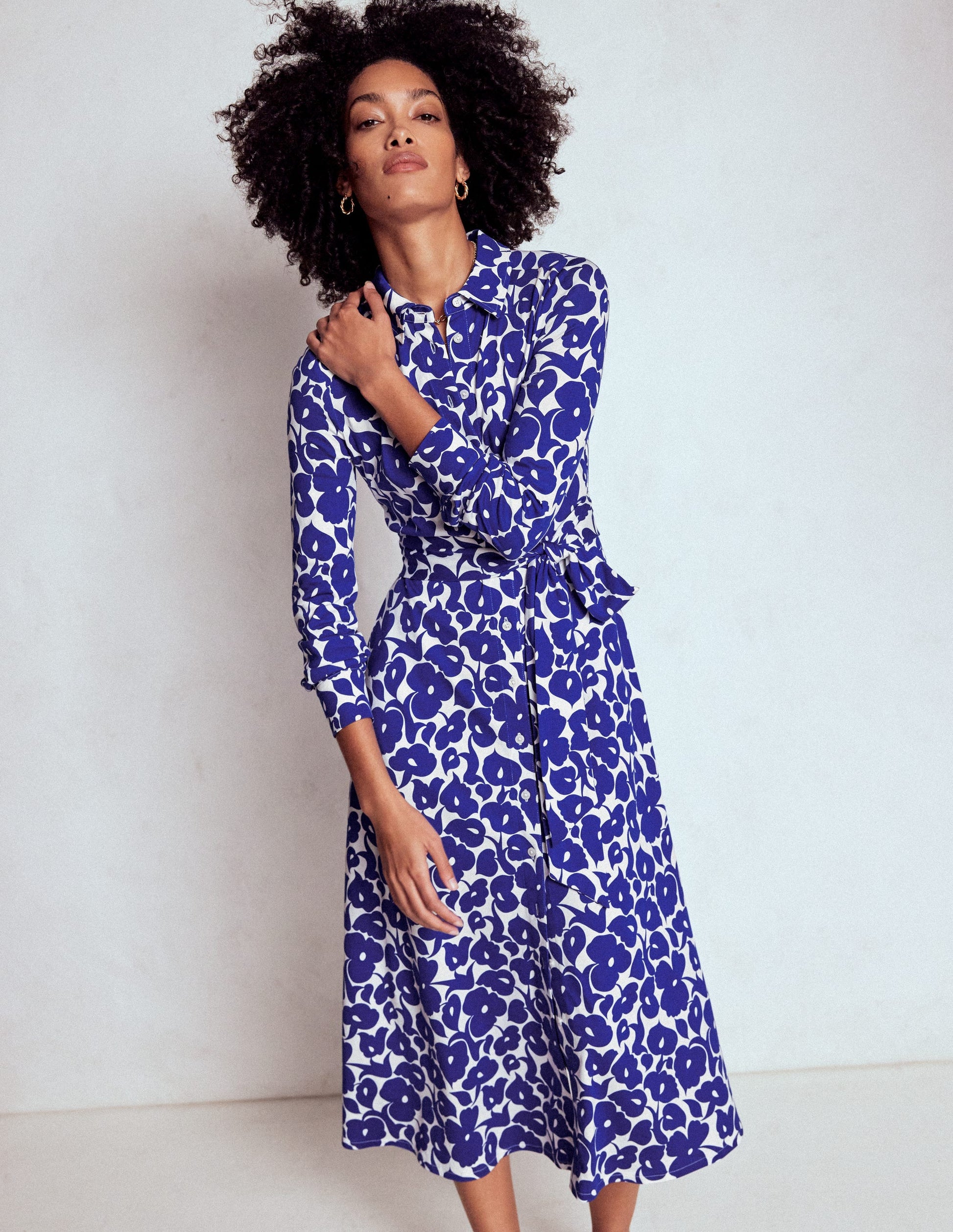 Marcia Jersey Shirt Dress-Bright Blue, Leafy Grove-1