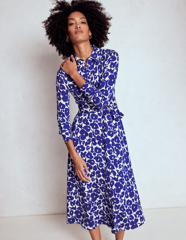 Marcia Jersey Shirt Dress-Bright Blue, Leafy Grove