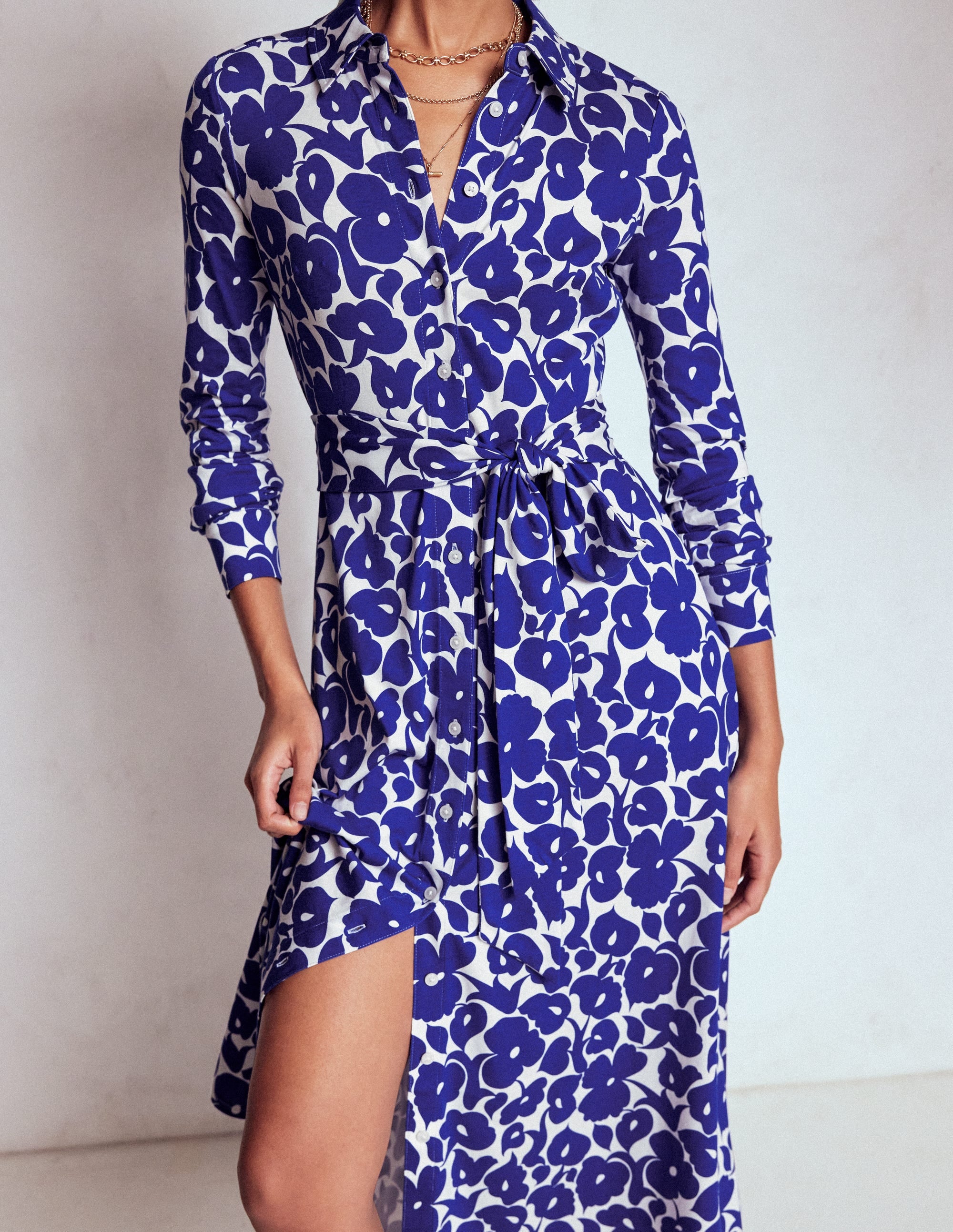 Marcia Jersey Shirt Dress-Bright Blue, Leafy Grove - Image 2