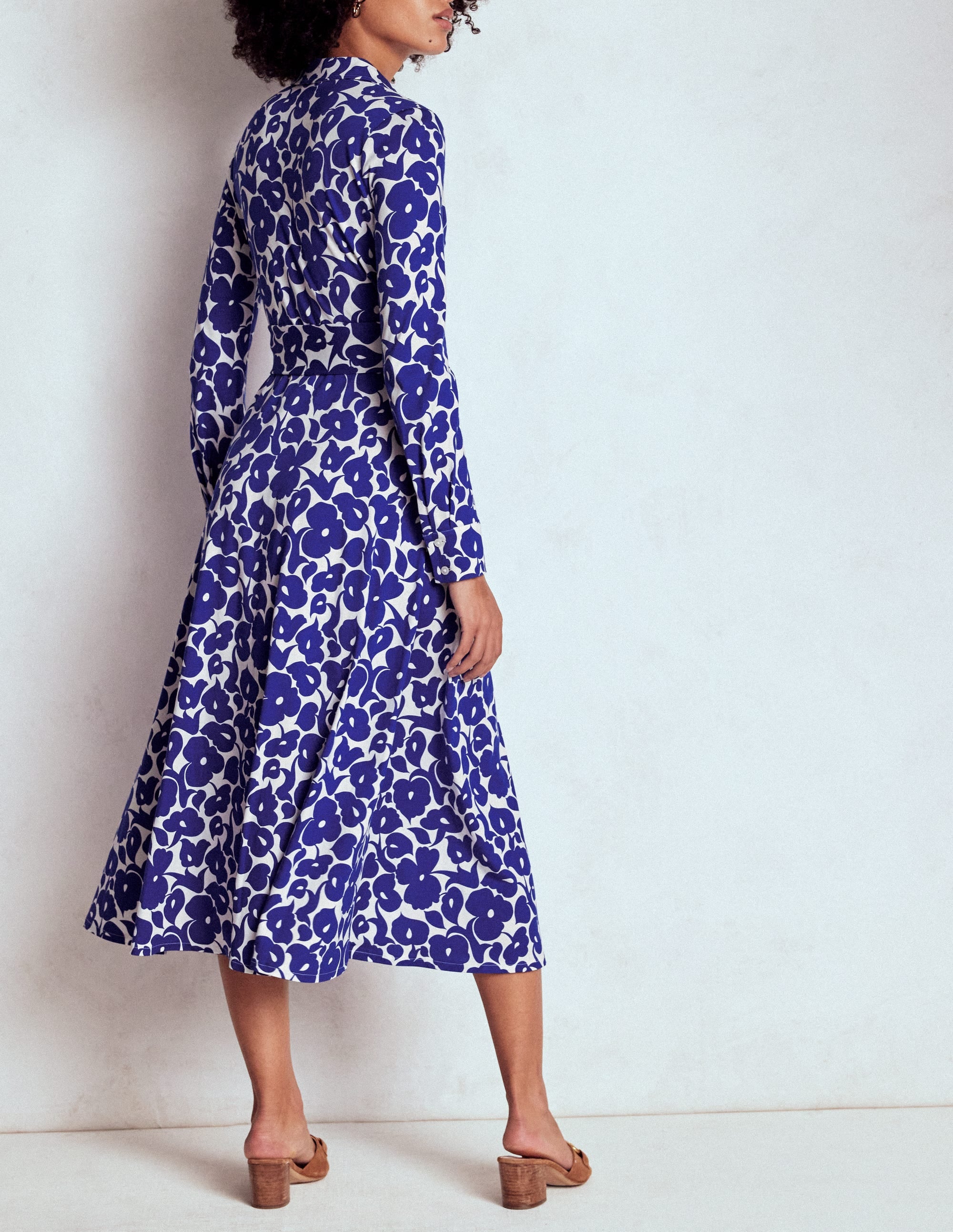 Marcia Jersey Shirt Dress-Bright Blue, Leafy Grove - Image 3