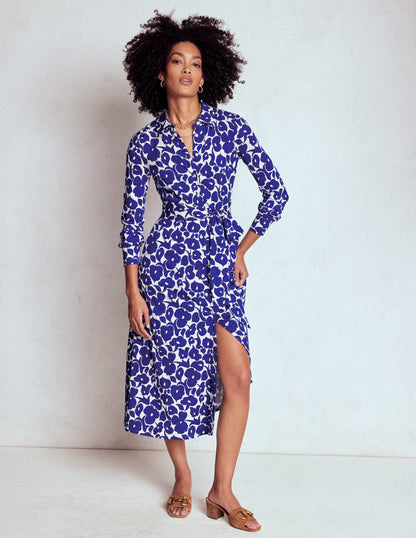 Marcia Jersey Shirt Dress-Bright Blue, Leafy Grove-4