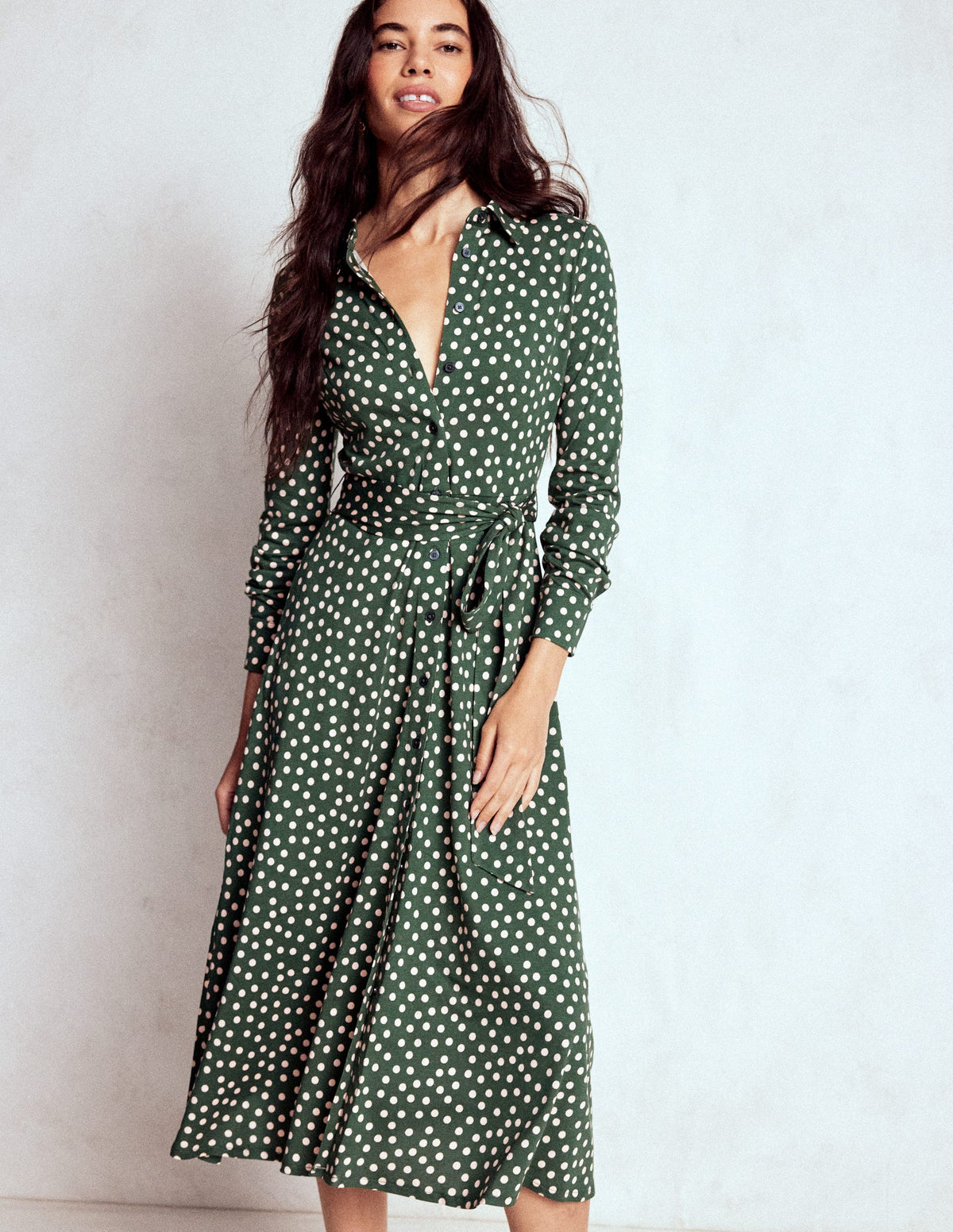 Marcia Jersey Shirt Dress-Hunter Green, Painted Dot - Image 1