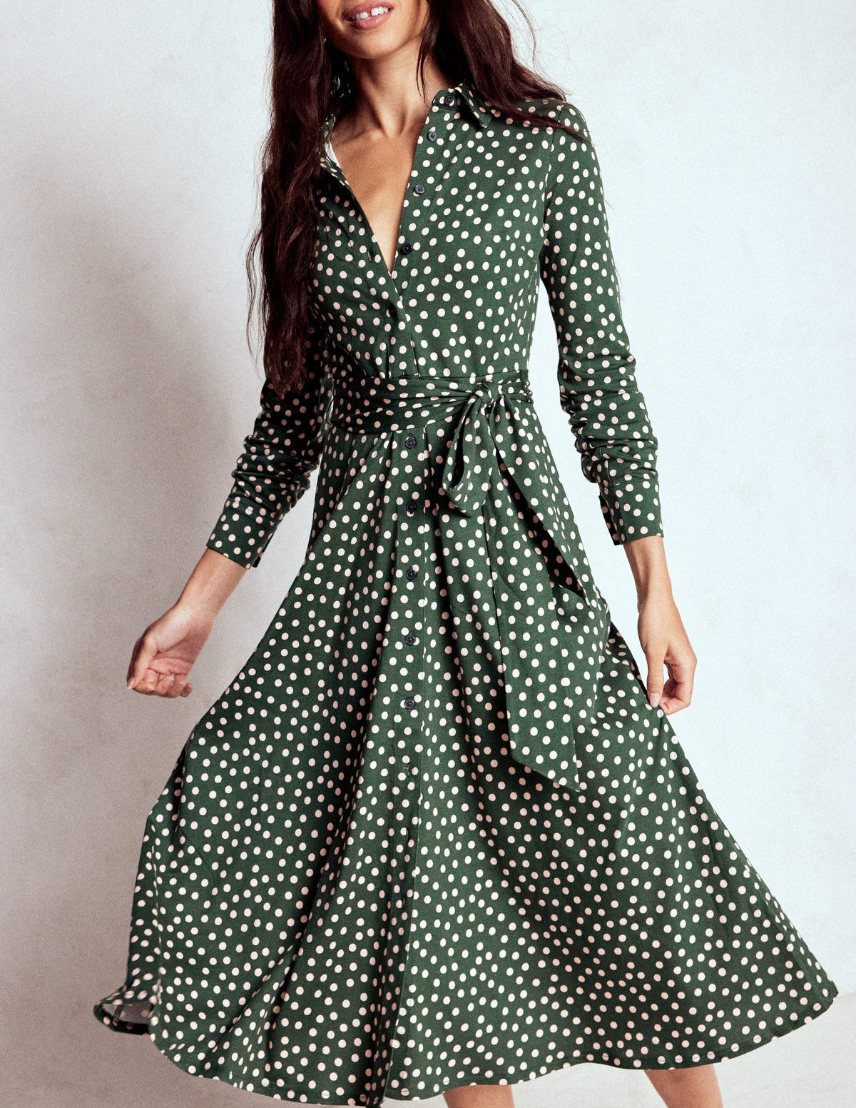 Marcia Jersey Shirt Dress-Hunter Green, Painted Dot - Image 4