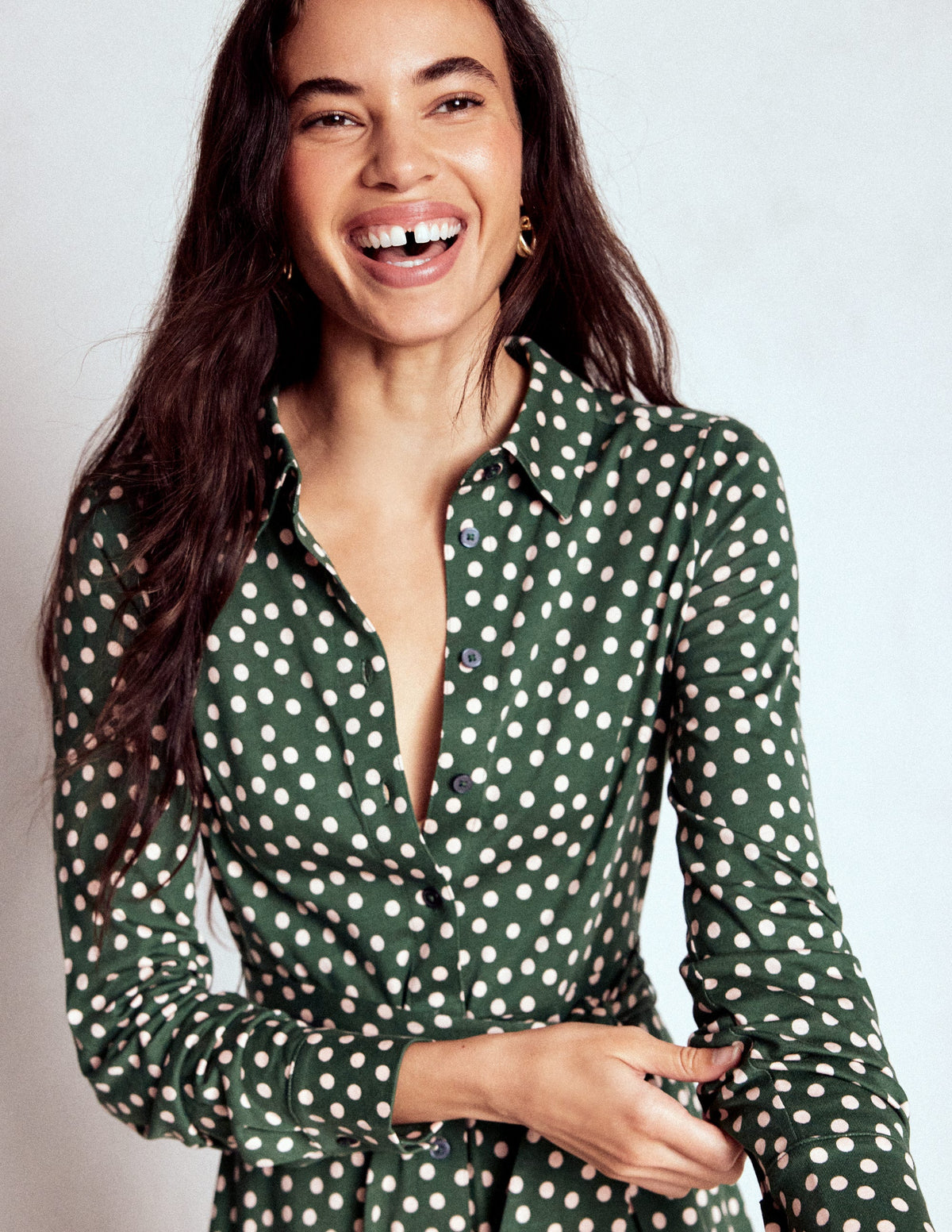 Marcia Jersey Shirt Dress-Hunter Green, Painted Dot - Image 5