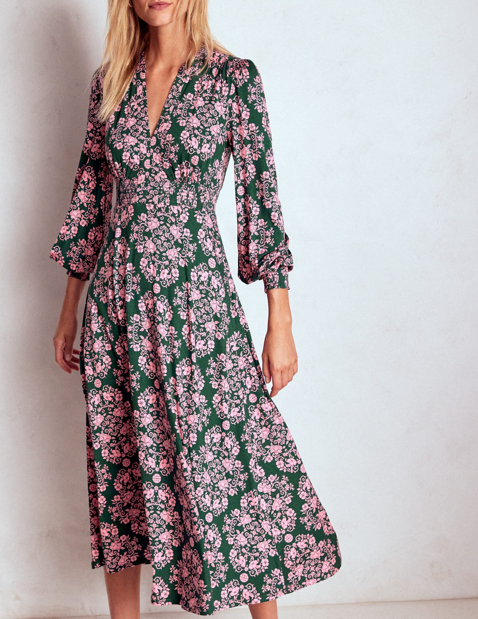 Georgia Jersey Midi Dress-Green, Ornamental Lattice - Image 3