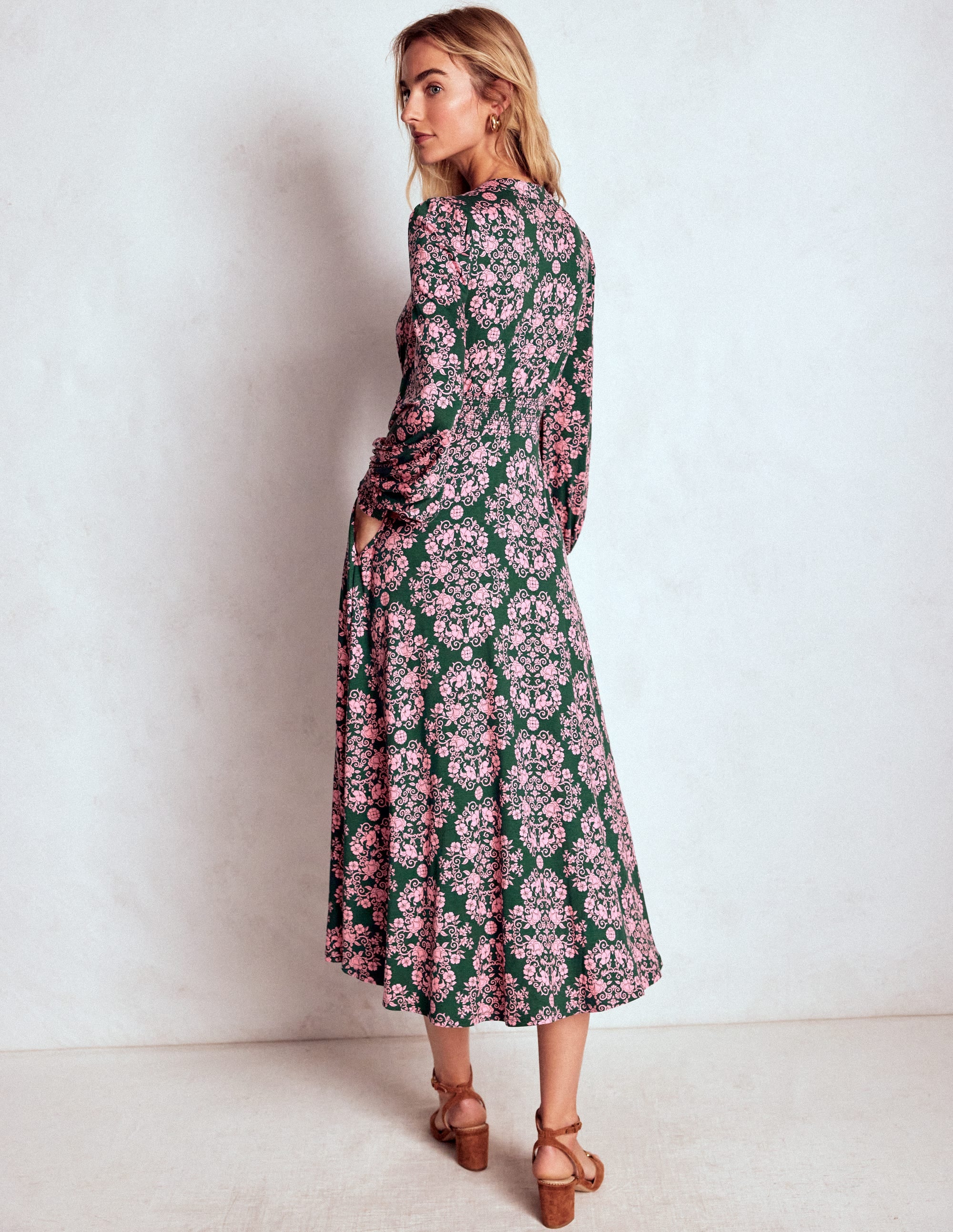 Georgia Jersey Midi Dress-Green, Ornamental Lattice - Image 4