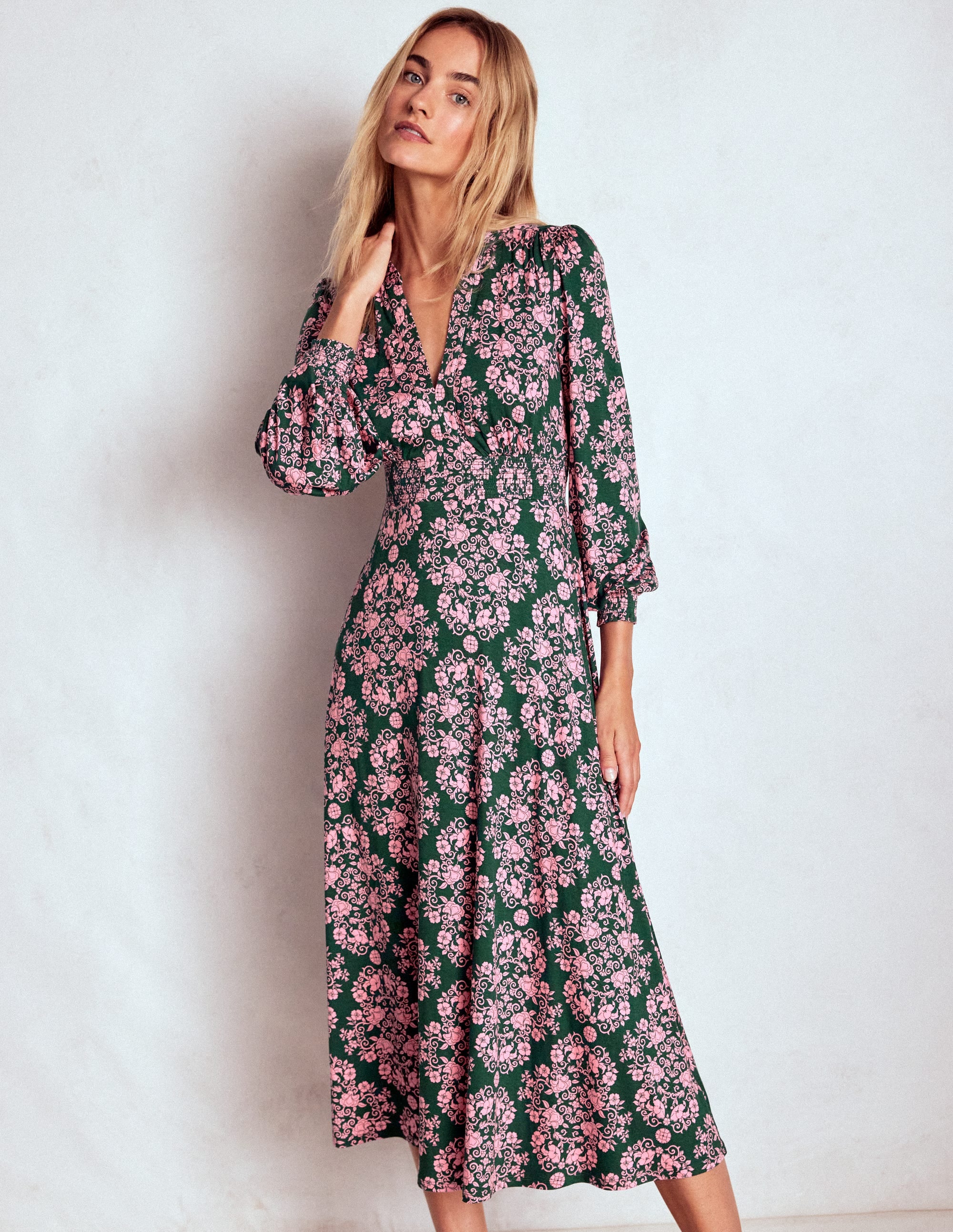 Georgia Jersey Midi Dress-Green, Ornamental Lattice - Image 1