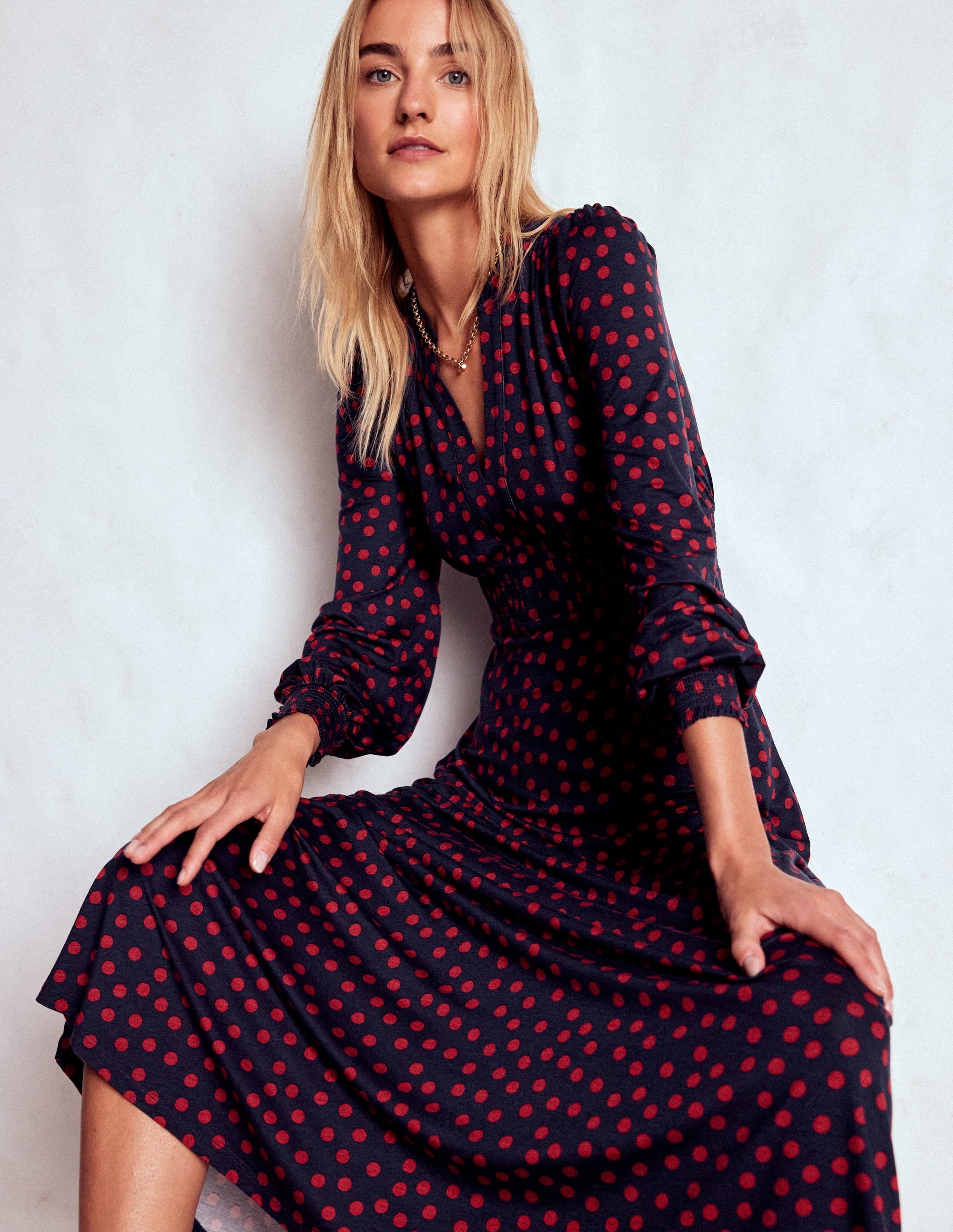 Georgia Jersey Midi Dress-French Navy, Painted Dot - Image 2