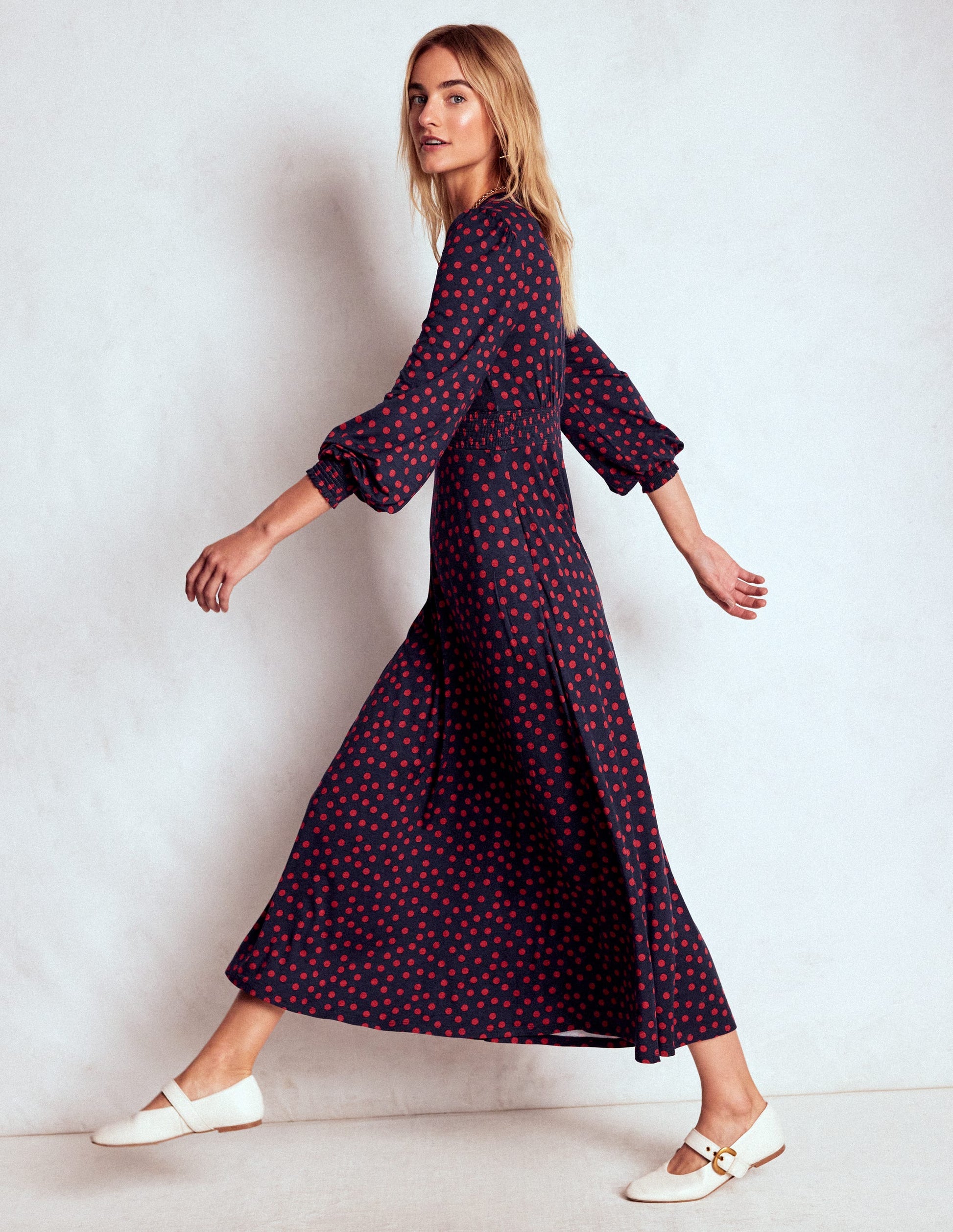 Ivy Smocked Midi Dress-French Navy, Painted Dot-5