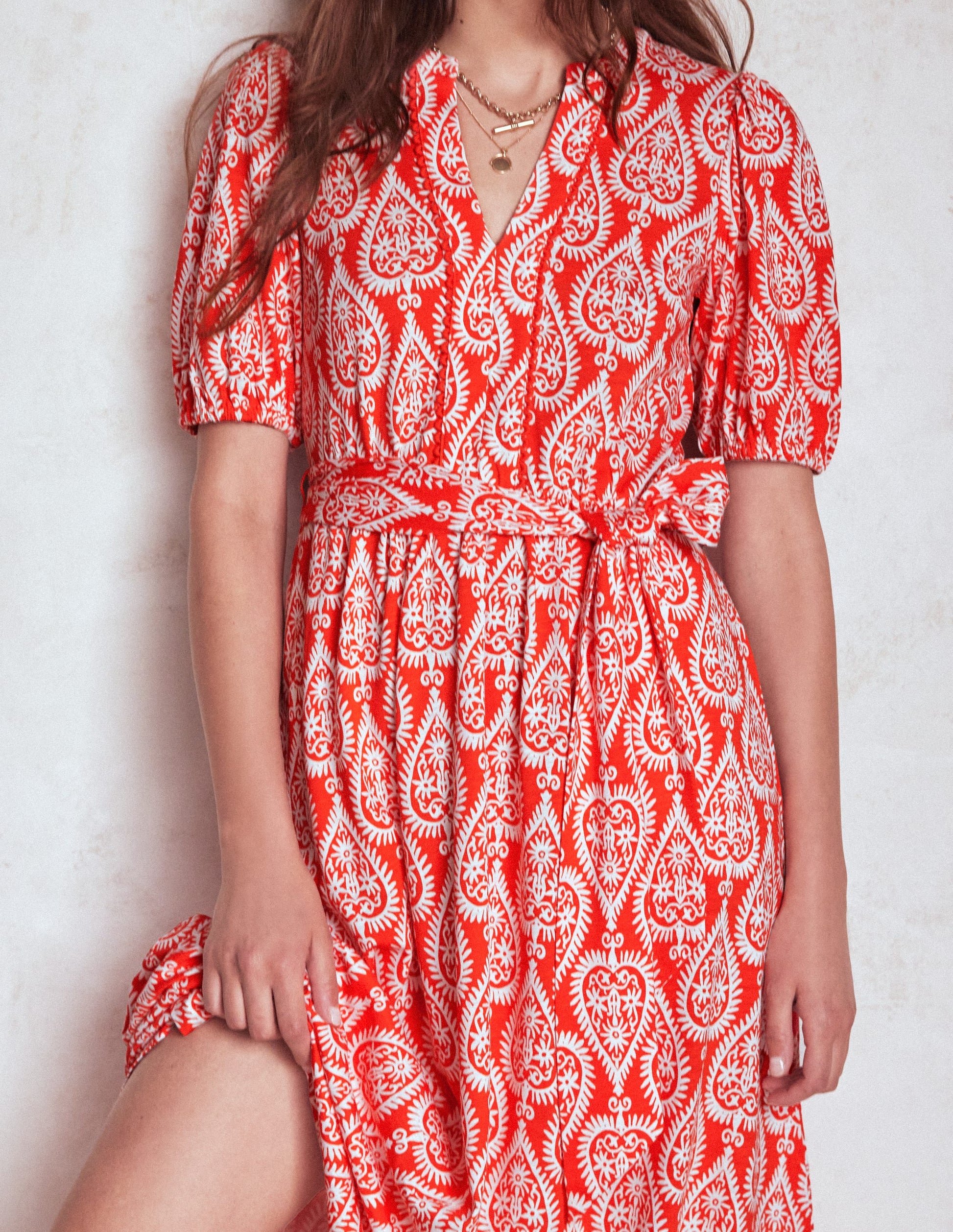 Sofia Trim Jersey Midi Dress-Firecracker Red, Ornate Geo-3
