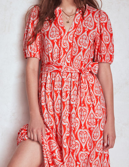 Sofia Trim Jersey Midi Dress-Firecracker Red, Ornate Geo-3