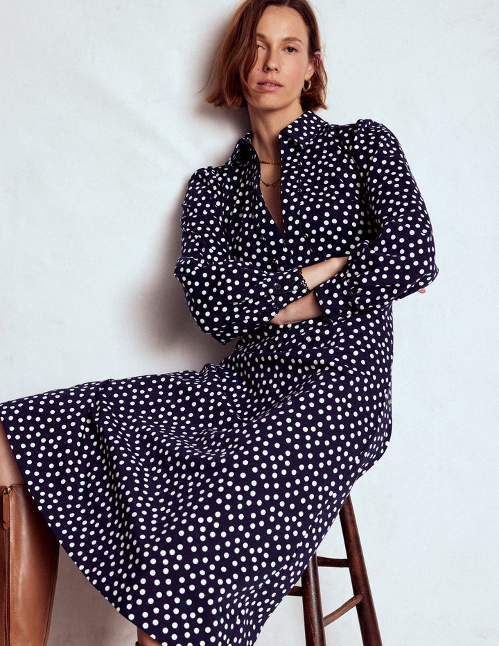 Pip Zip-Up Ponte Midi Dress-French Navy, Painted Dot