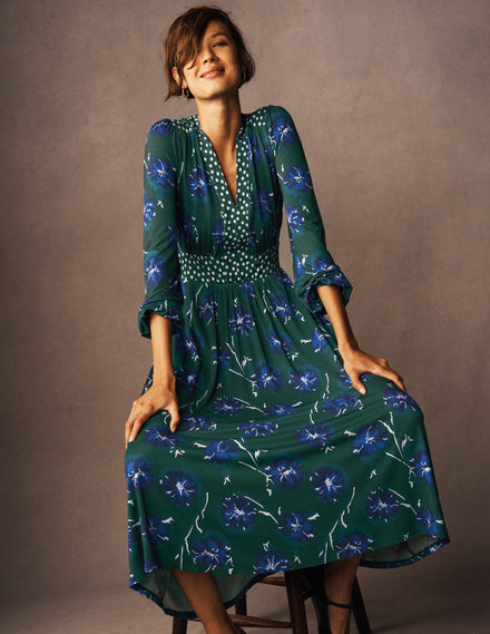 Lily Long Sleeve Midi Dress-Emerald, Delicate Carnation