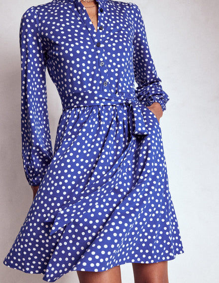 Willow Ruffle Neck Shirt Dress-Bright Blue, Dot