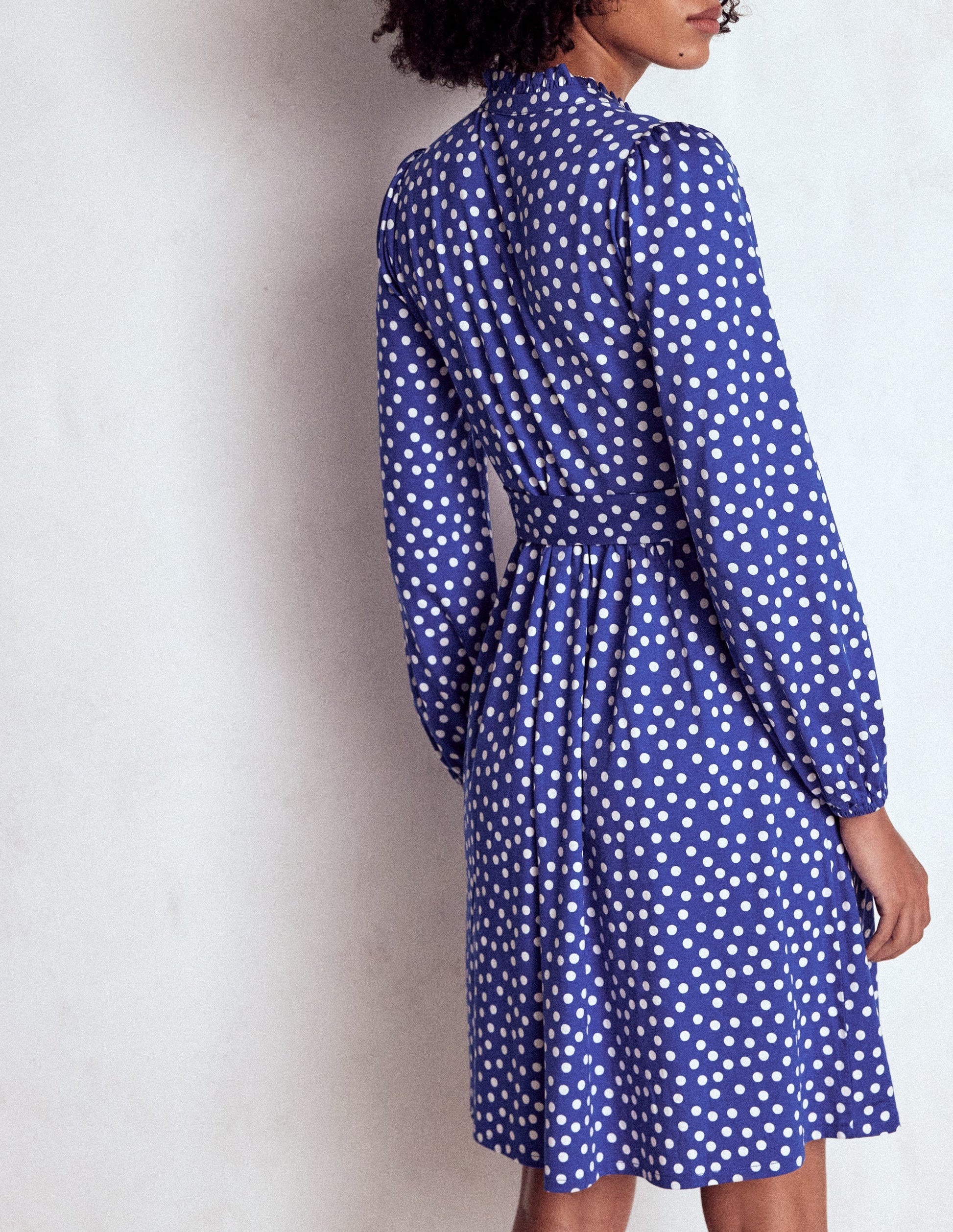 Willow Ruffle Neck Shirt Dress-Bright Blue, Dot-3
