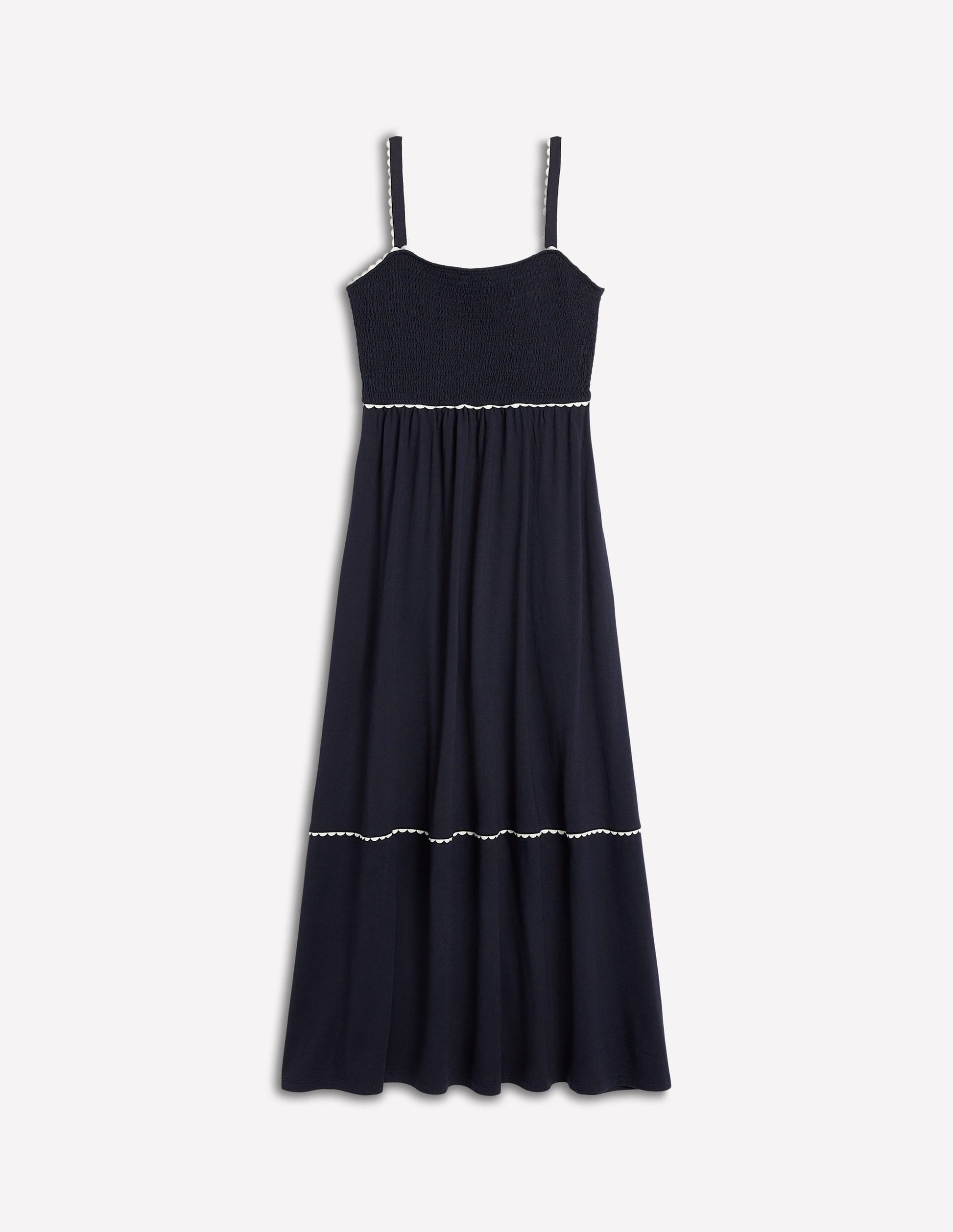 Smocked Trim Maxi Dress-Navy-6