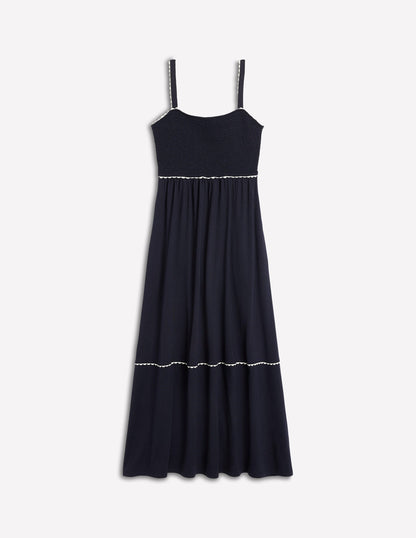 Smocked Trim Maxi Dress-Navy-6