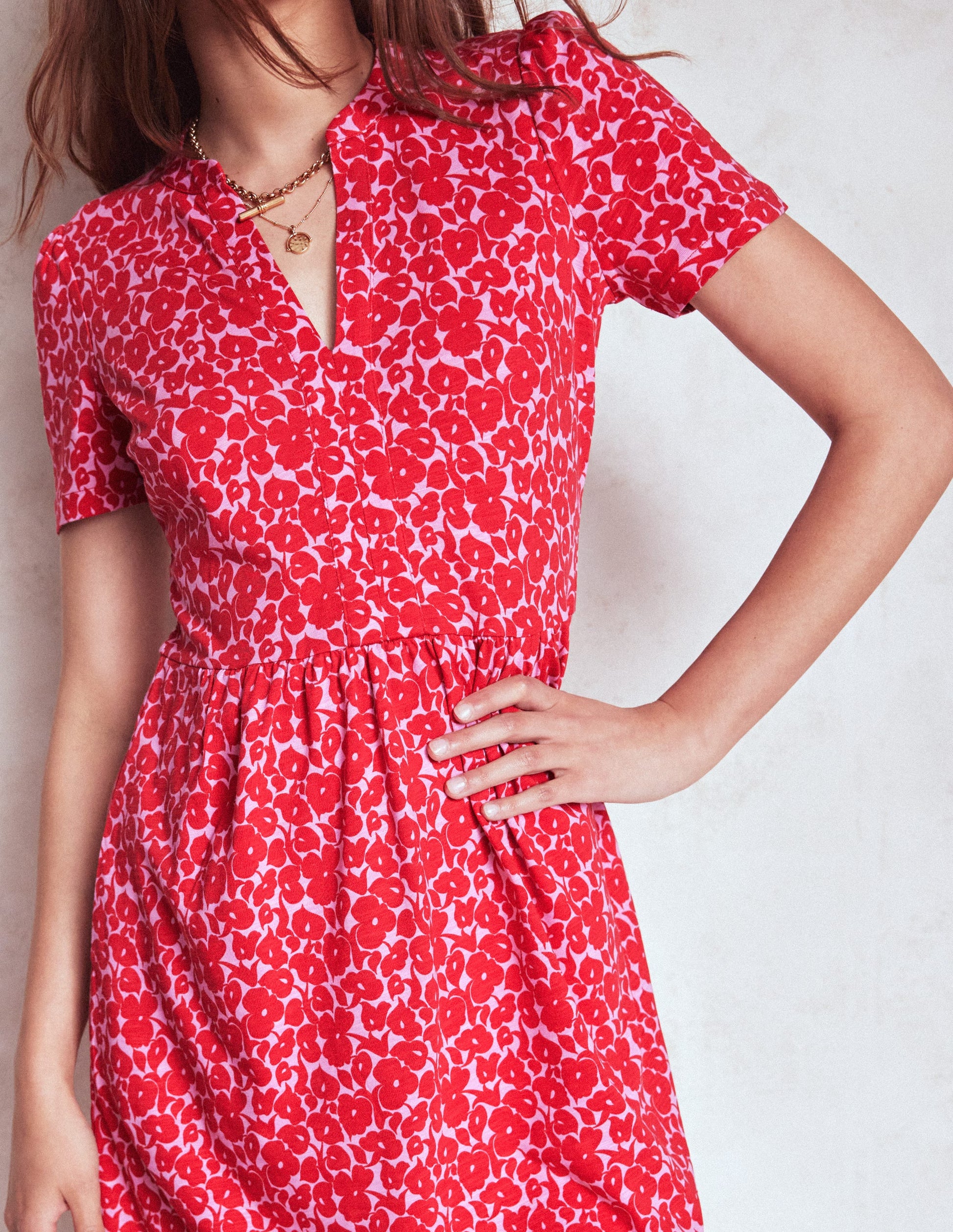 Naomi Short Sleeve Dress-Jewel Red, Leafy Grove-2