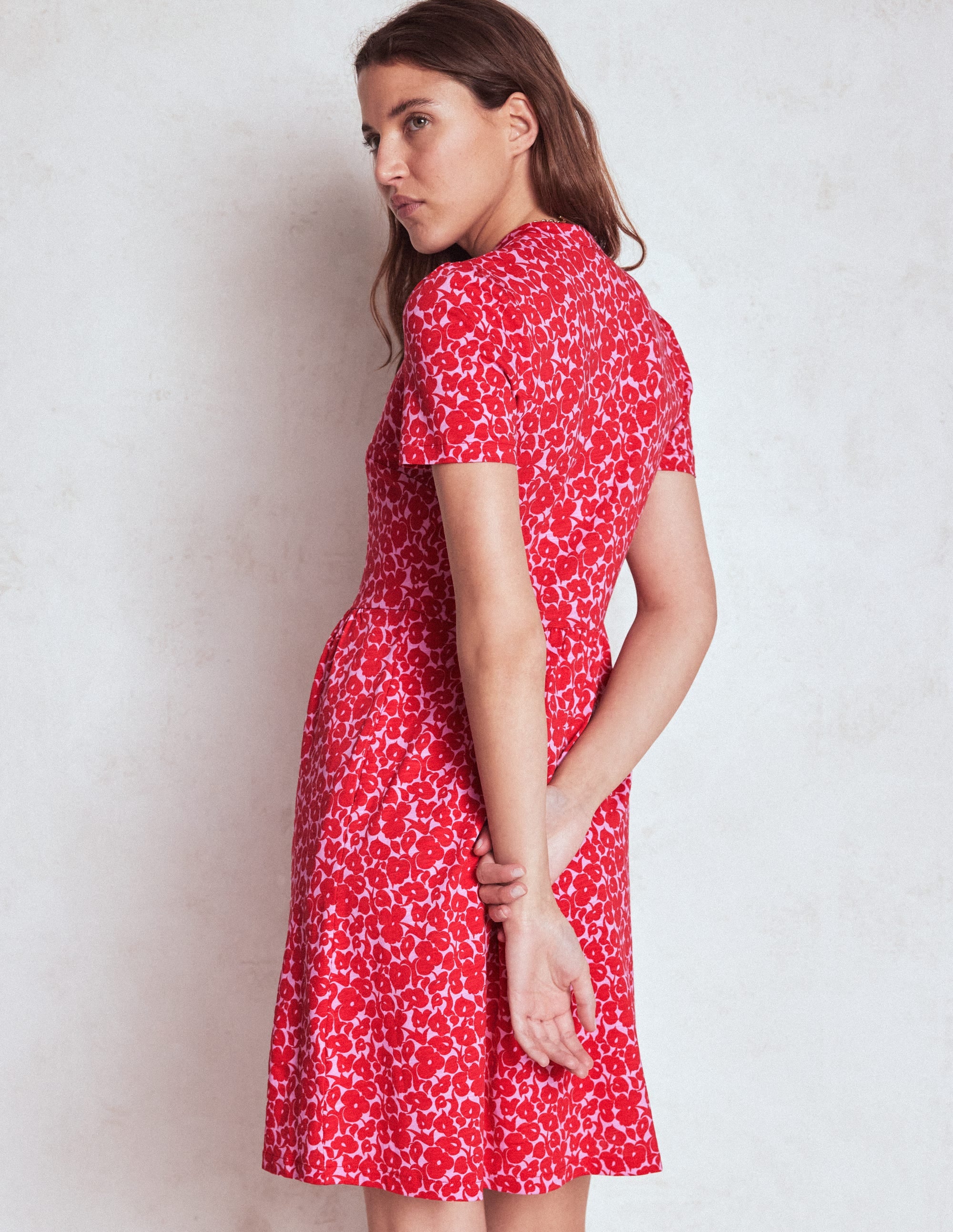 Naomi Short Sleeve Dress-Jewel Red, Leafy Grove - Image 3
