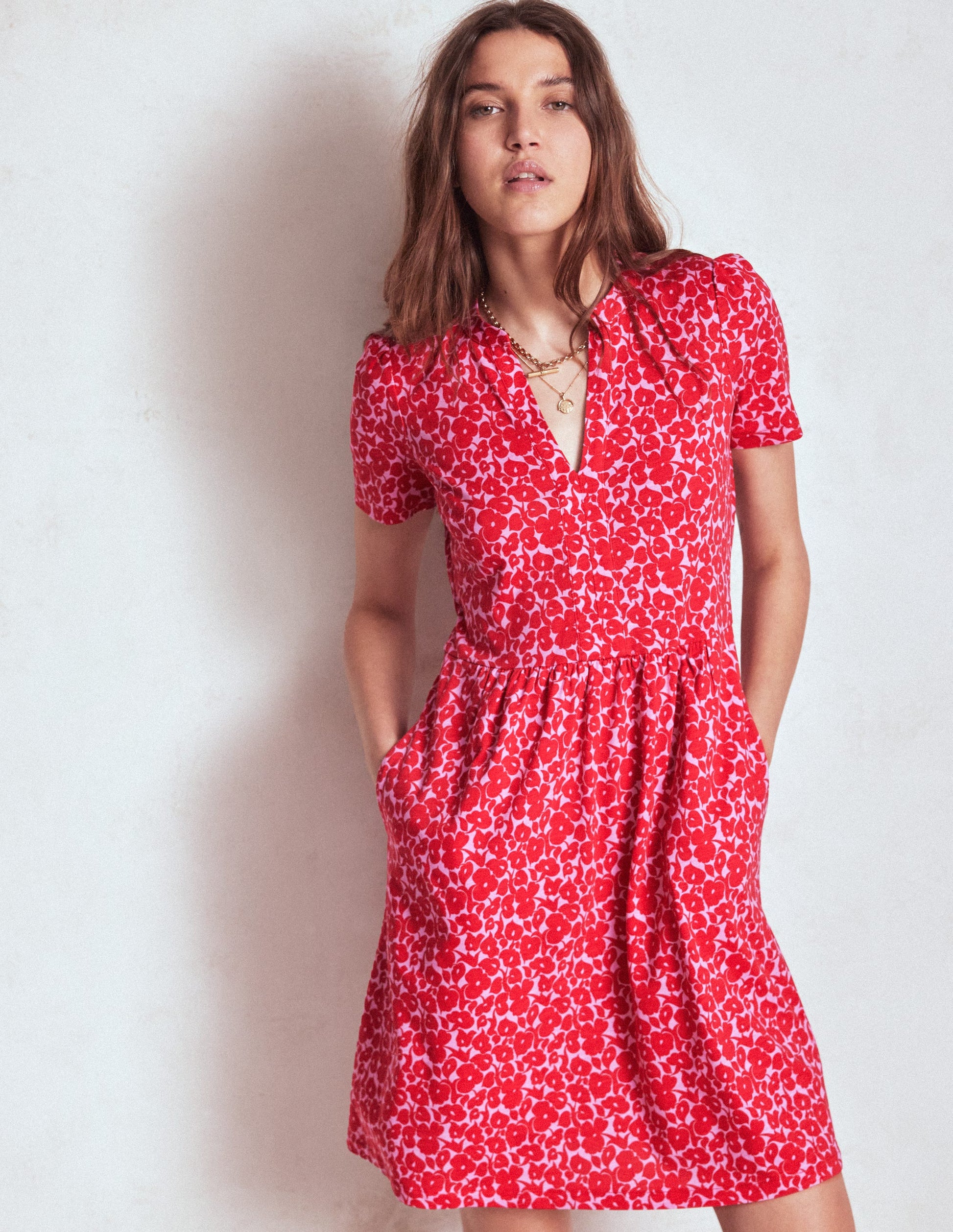 Naomi Short Sleeve Dress-Jewel Red, Leafy Grove-4