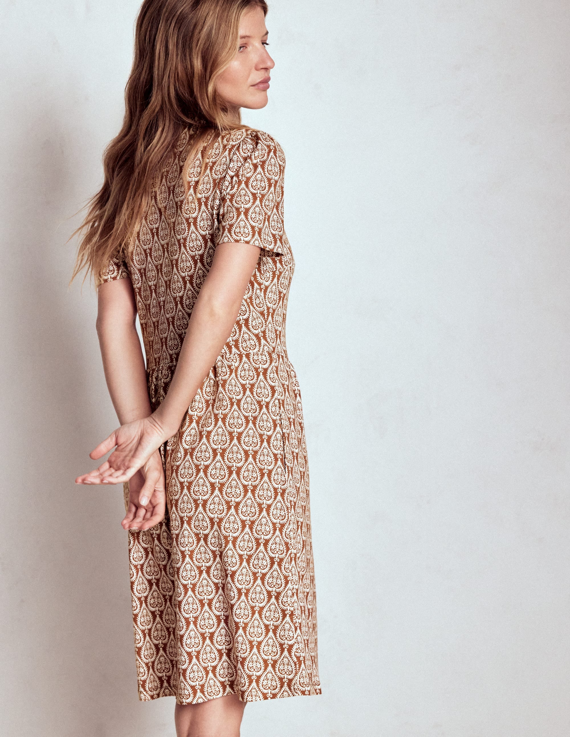Naomi Short Sleeve Dress-Cognac, Ornate Geo - Image 3