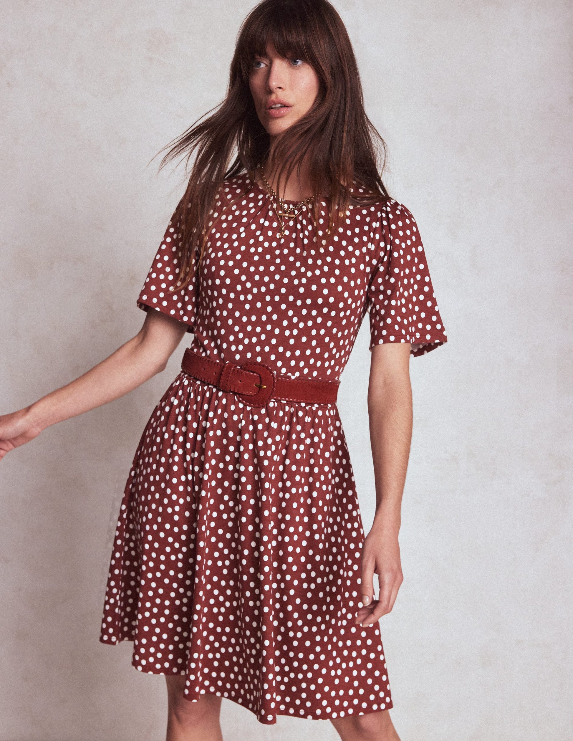 Louisa Short Jersey Dress-Chestnut, Painted Dot-1